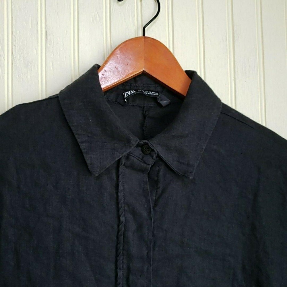 Zara‎ Button Up Shirt Womens XS Black Collared 3/4 Sleeve Woven Tunic Top